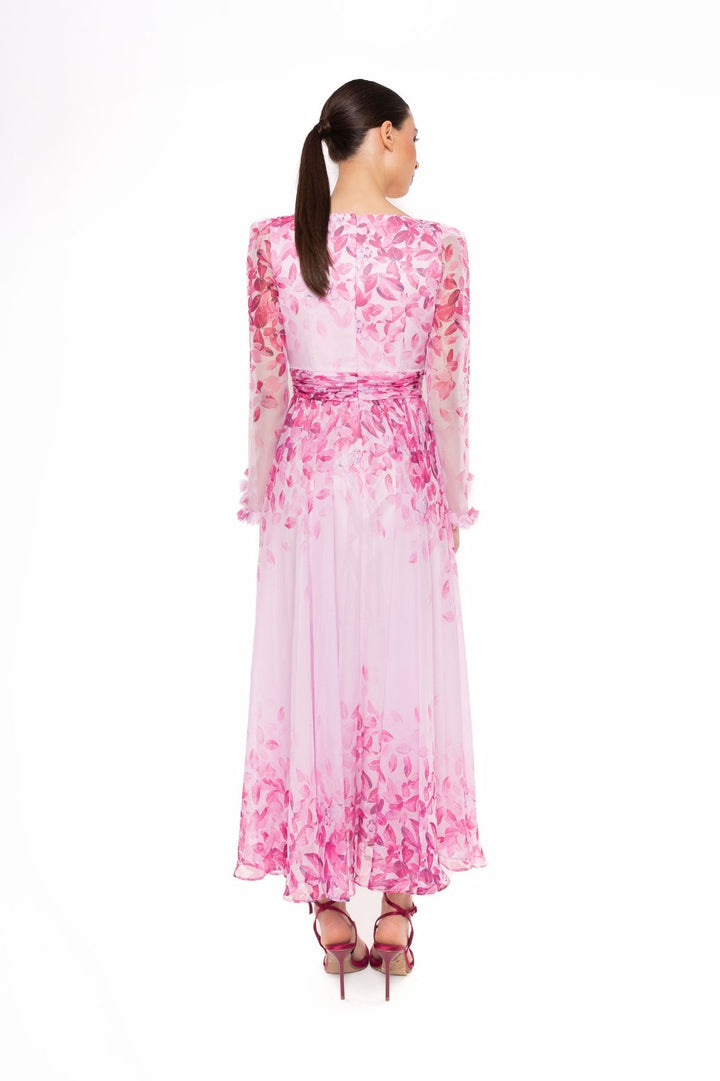 CARLA RUIZ - ABITO LUNGO FLOREALE ROSA IN CHIFFON CON MANICHE TRASPARENTI
