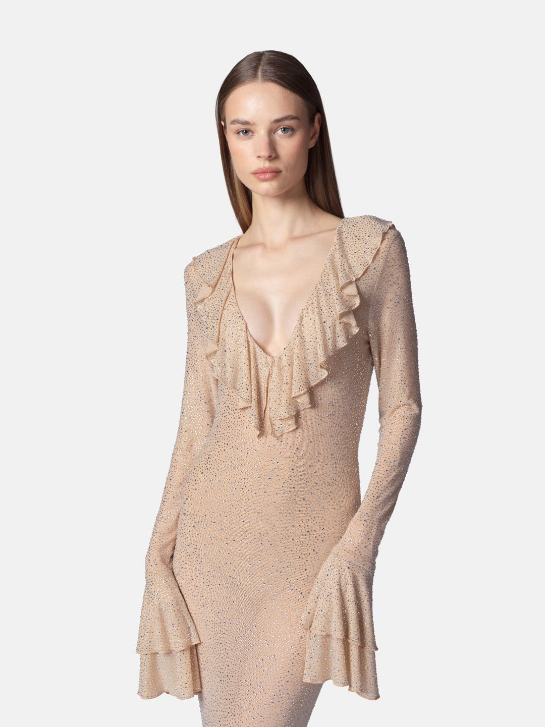 TWENTYFOURHAITCH - ABITO LUNGO COVE NUDE CRYSTAL, LINEA SIRENA INTERAMENTE IN TULLE ELASTICO RICOPERTO DA MICROSTRASS IN DIVERSE DIMENSIONI
