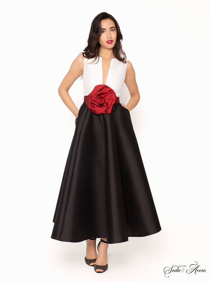 MONCHO HEREDIA - ABITO MIDI BICOLOR CON MAXI FIORE ROSSO