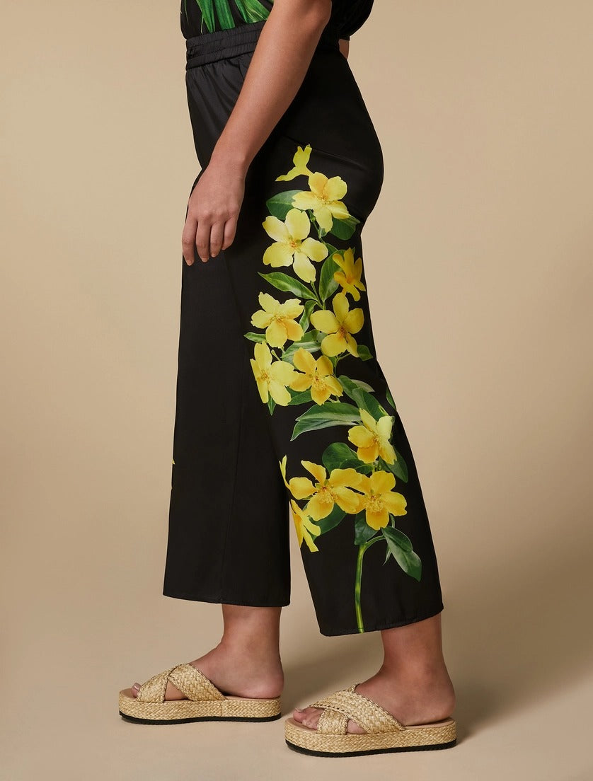MARINA SPORT - PANTALONI CROPPED MODELLO WIDE LEG IN TWILL CON STAMPA FLOREALE ,INSERTO ELASTICO IN VITA E TASCHE ALLA FRANCESE
