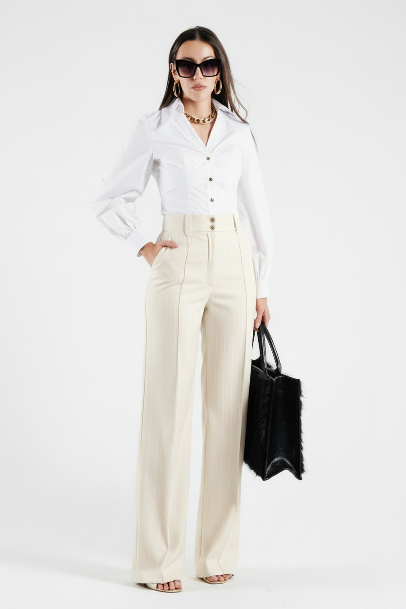 BABYLON - PANTALONI ELEGANTI GESSATI CON BOTTONI METALLICI DORATI