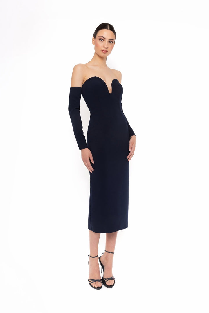 CARLA RUIZ - ABITO MIDI NERO OFF-SHOULDER CON SCOLLO A CUORE