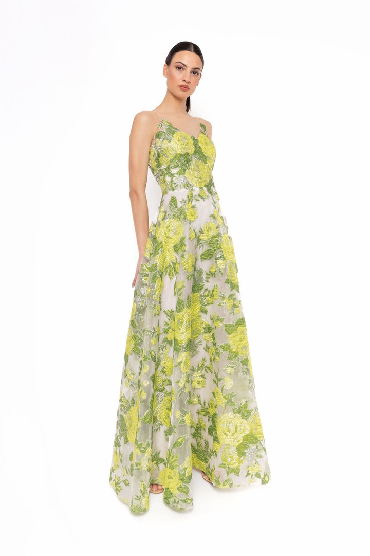 CARLA RUIZ - ABITO LUNGO ELEGANTE IN ORGANZA RICAMATA CON FIORI VERDE E GIALLO