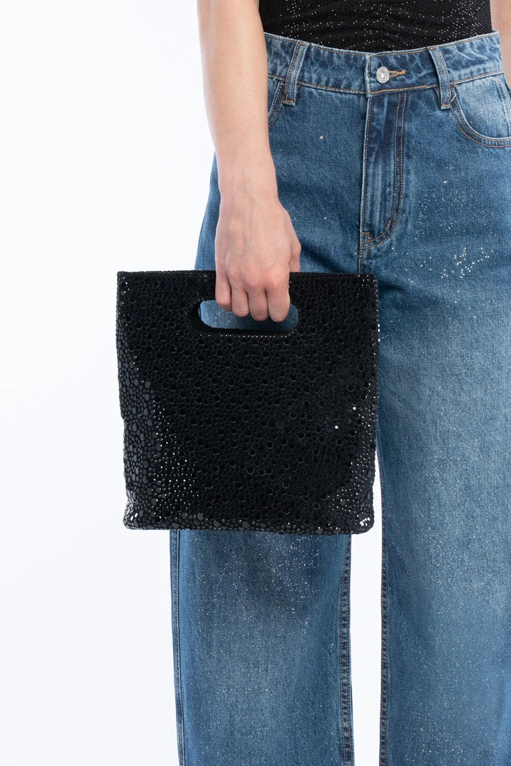 Borsa a Mano Mini Tote in Velluto con Micro Strass