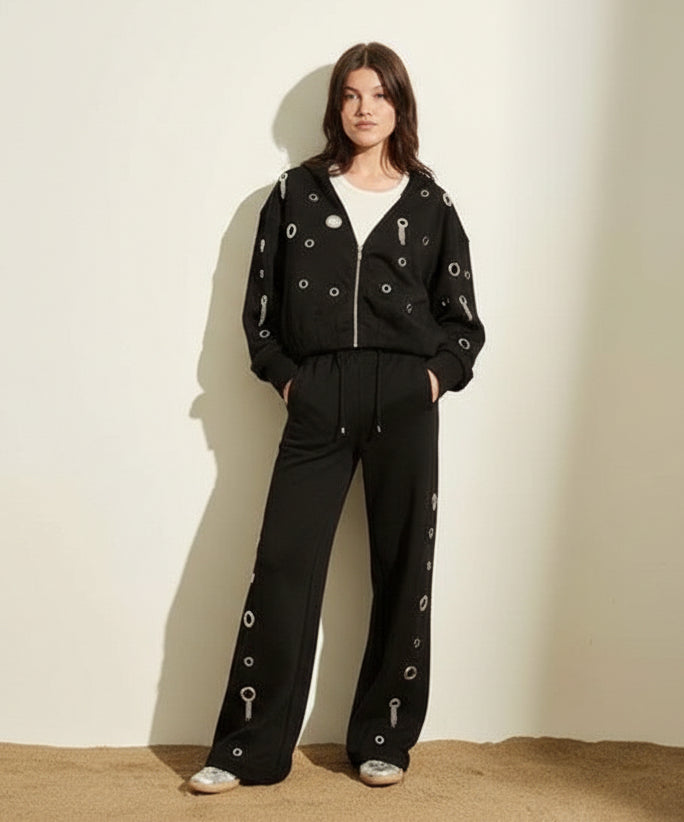 JIJIL - PANTALONE DI TUTA IN COTONE CON CULISSE IN VITA E APPLICAZIONI GIOIELLO