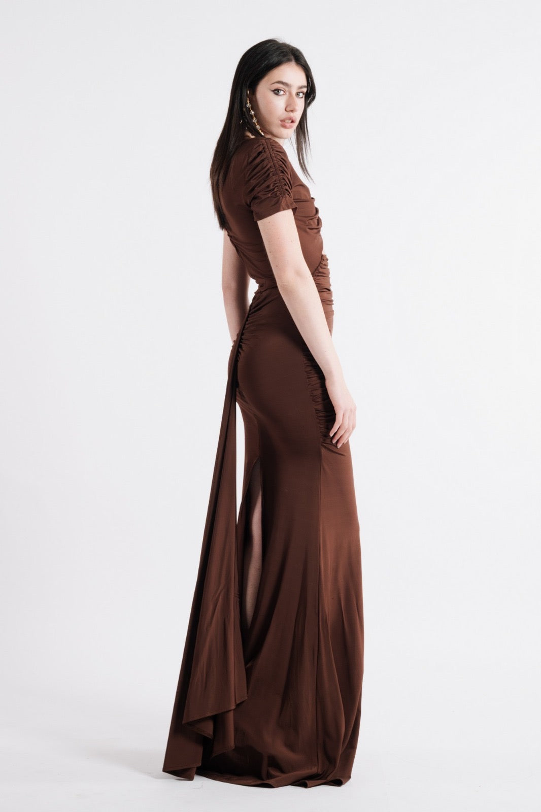 BABYLON - ABITO LUNGO RED CARPET CON CUT-OUT FRONTALI E DRAPPEGGI