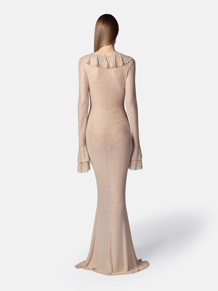 TWENTYFOURHAITCH - ABITO LUNGO COVE NUDE CRYSTAL, LINEA SIRENA INTERAMENTE IN TULLE ELASTICO RICOPERTO DA MICROSTRASS IN DIVERSE DIMENSIONI