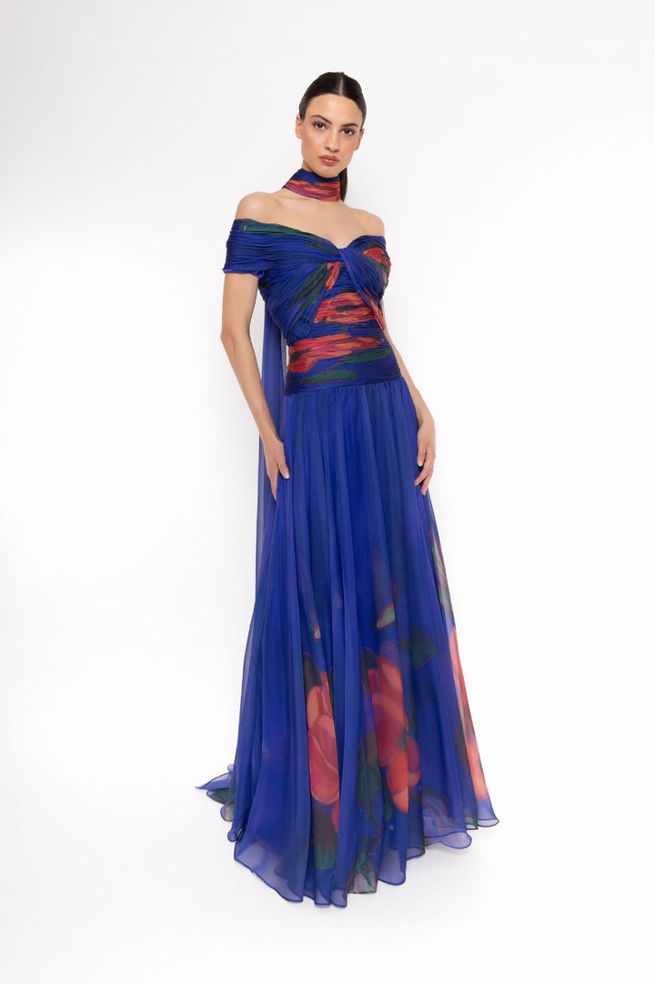 CARLA RUIZ - ABITO LUNGO ELEGANTE IN CHIFFON BLU CON STAMPA FLOREALE