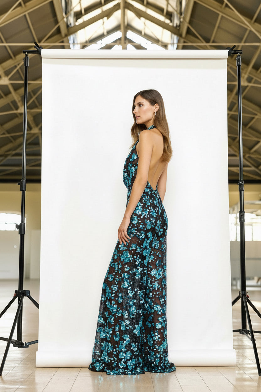 MAESTRI - TUTA NERA CON FIORI PAILLETTATI