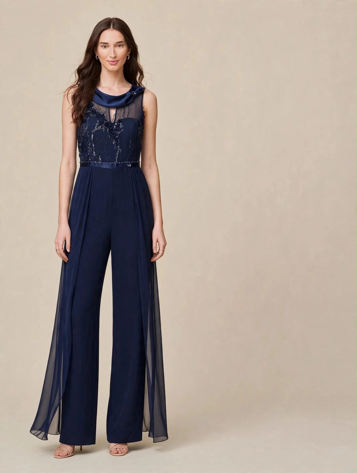 ANTONIO NOTARO - TUTA JUMPSUIT BLU NAVY CON CORPINO ILLUSION IN TULLE RICAMATO CON STRASS, CINTURA IN PERLINE E PANTALONE WIDE-LEG