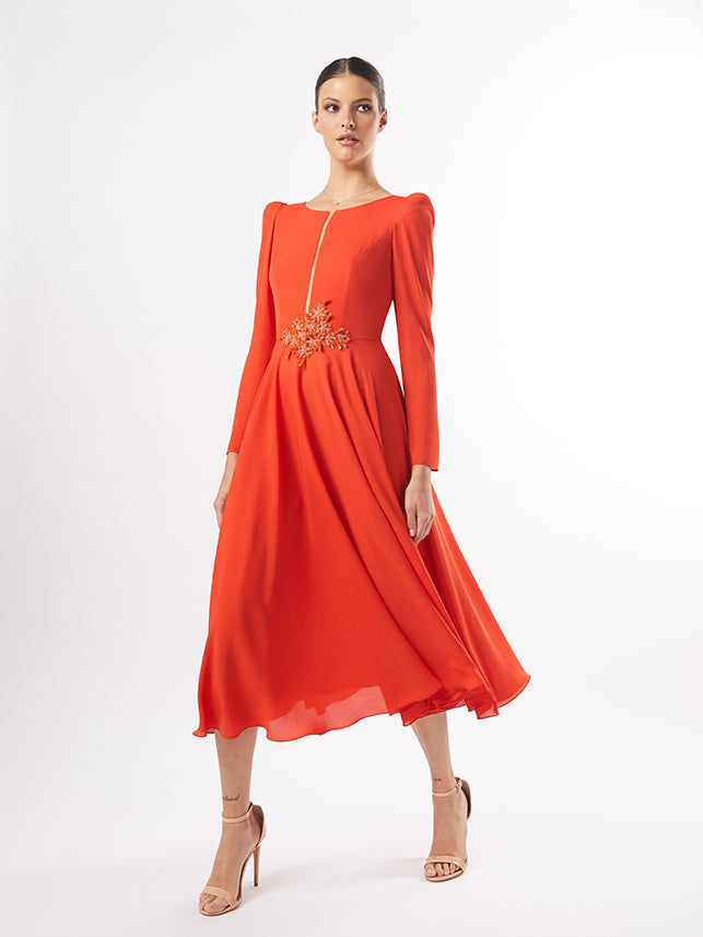 CARLA RUIZ - ABITO MIDI CON APPLICAZIONE FLOREALE IN VITA