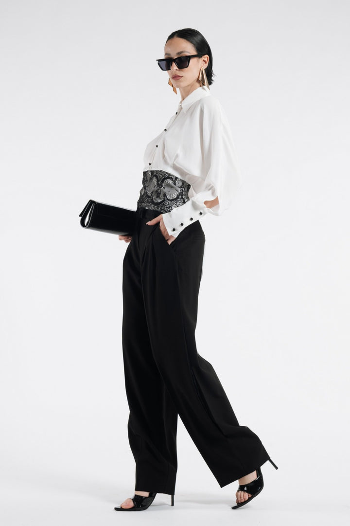 BABYLON - CAMICIA A MANICHE LUNGHE CON PIZZO E BOTTONI NERI 100% VISCOSA 100% POLIAMMIDE