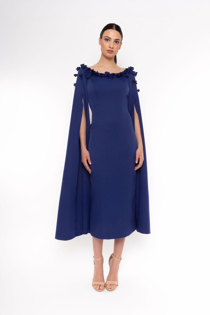 ABITO MIDI ELEGANTE BLU CON MANTELLA E APPLICAZIONI FLOREALI