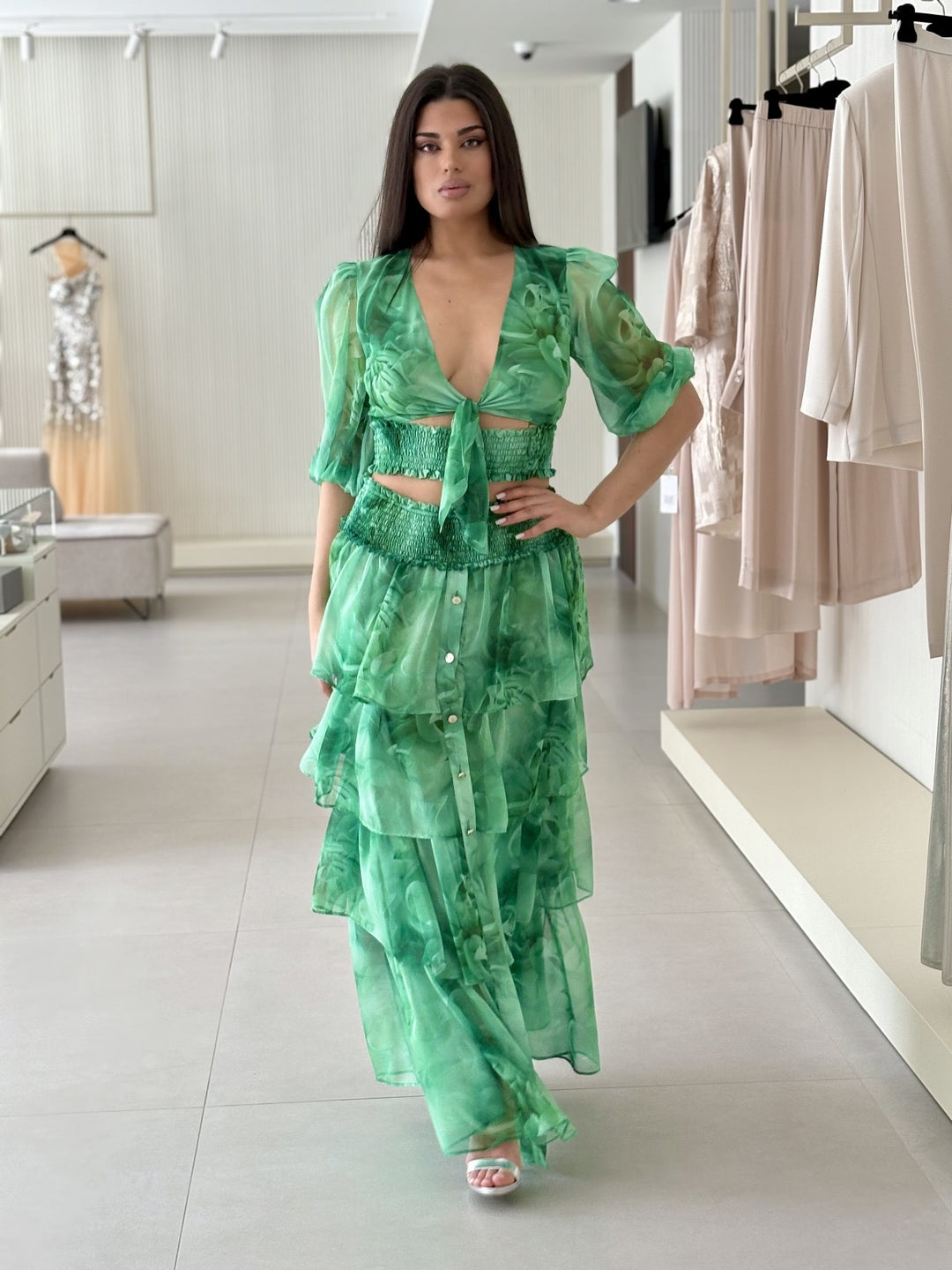 BABYLON - COMPLETO VERDE IN CHIFFON CON TOP NODO E GONNA A BALZE