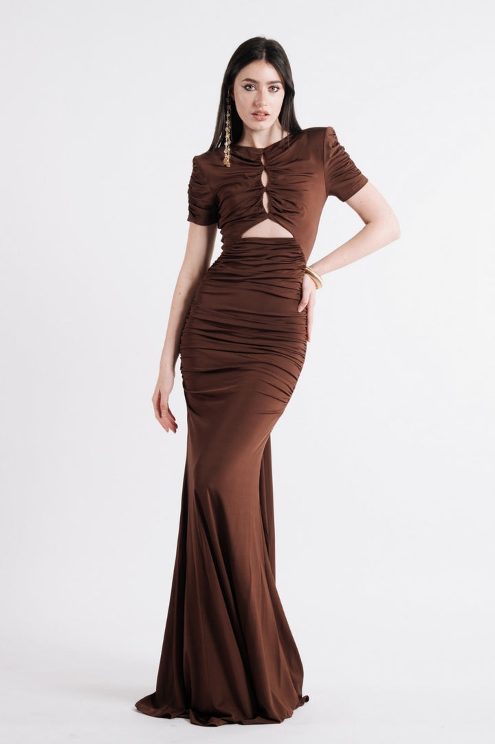 BABYLON - ABITO LUNGO RED CARPET CON CUT-OUT FRONTALI E DRAPPEGGI