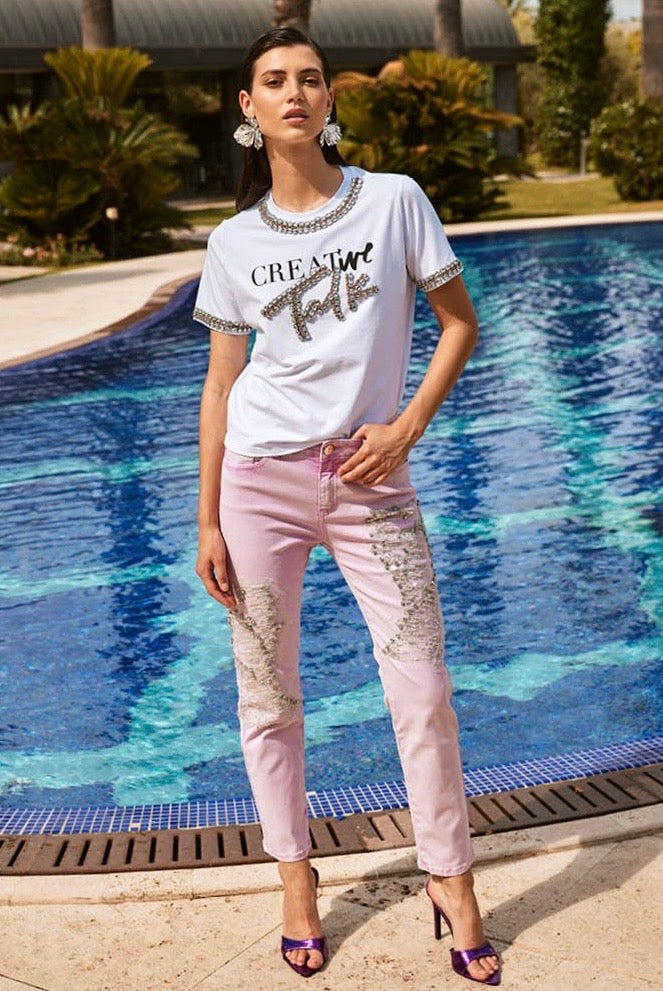 TRASH AND LUXURY - T-SHIRT CON RICAMI GIOIELLO, COLLO E MANICHE IMPREZIOSITI DA APPLICAZIONI BRILLANTI.