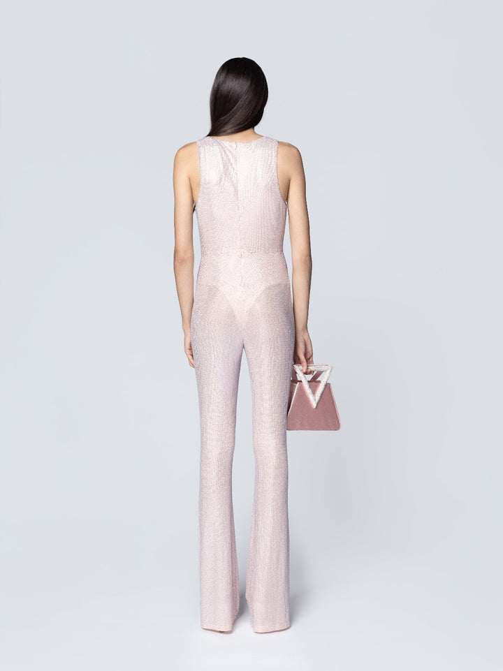 TWENTYFOURHAITCH - TUTA JUMPSUIT APOLLO CIPRIA IN TULLE E TESSUTO ELASTICO RICOPERTO DI STRASS, LINEA ADERENTE