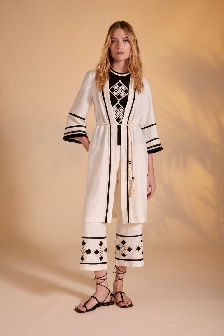 ARGGIDO - COMPLETO 3 PEZZI IN STILE ETNO-CHIC CON RICAMI GEOMETRICI KIMONO LUNGO COORDINATO, CON MANICHE AMPIE, PROFILI NERI E