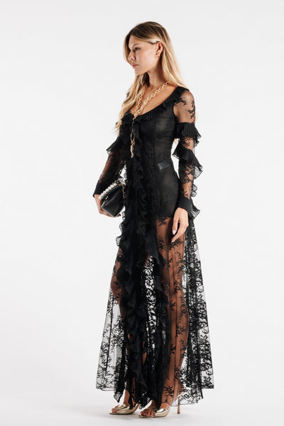 Abito in Pizzo Lungo con Rouches – Disponibile in Borgogna