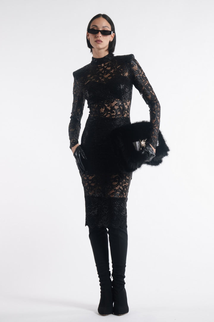 ABITO MIDI IN PIZZO FLOREALE CON SPALLE STRUTTURATE