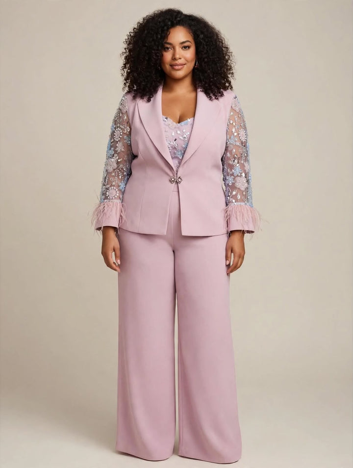 LE DONNE DI... - TAILLEUR TRE PEZZI CON BLAZER IN TULLE RICAMATO CON PAILLETTES E PIUME E PANTALONE WIDE-LEG