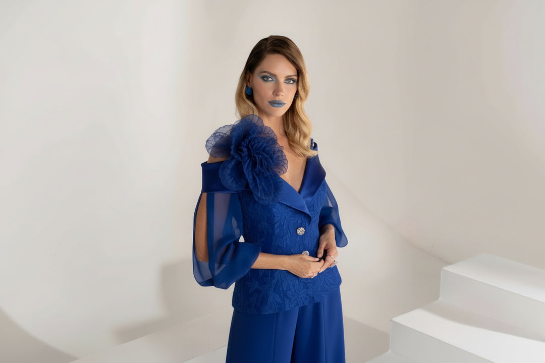 FLÒ - COMPLETO ELEGANTE CON PANTALONE PALAZZO E BLUSA DECORATA