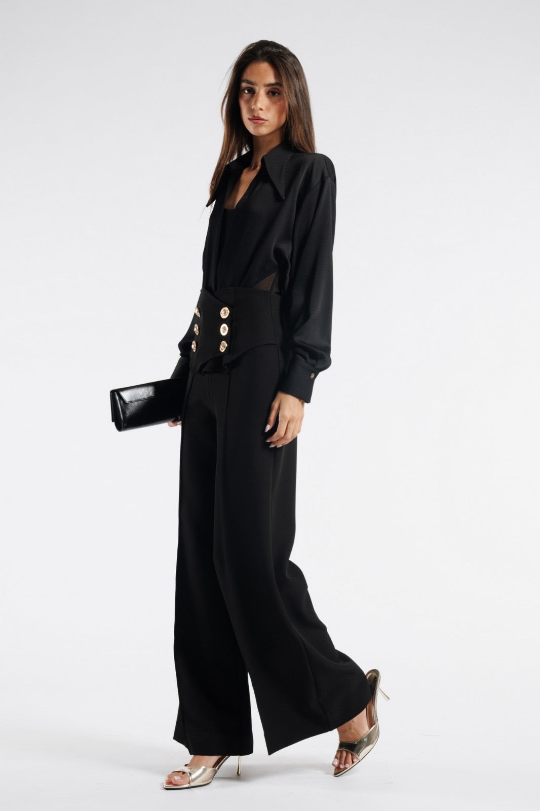 BABYLON - PANTALONE A PALAZZO CON BOTTONI DORATI