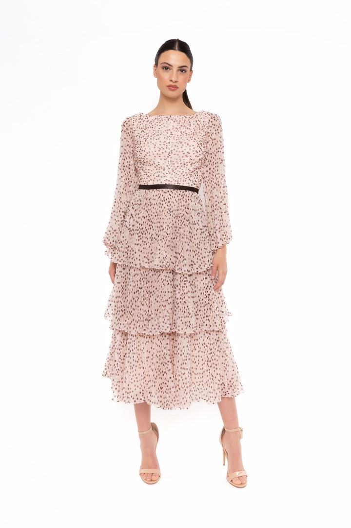 CARLA RUIZ - ABITO MIDI IN TESSUTO LEGGERO COLOR CIPRIA CON DELICATA FANTASIA A POIS