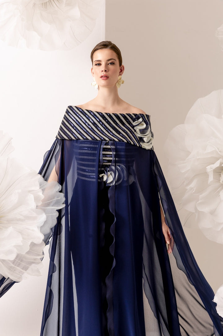 BARTIN MOOD - ABITO  BLU NOTTE CON MANTELLA E DETTAGLI SCINTILLANTI