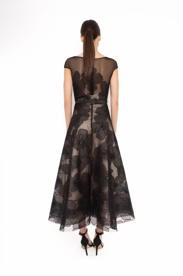 CARLA RUIZ - ABITO MIDI NERO IN TULLE RICAMATO CON MOTIVO FLOREALE