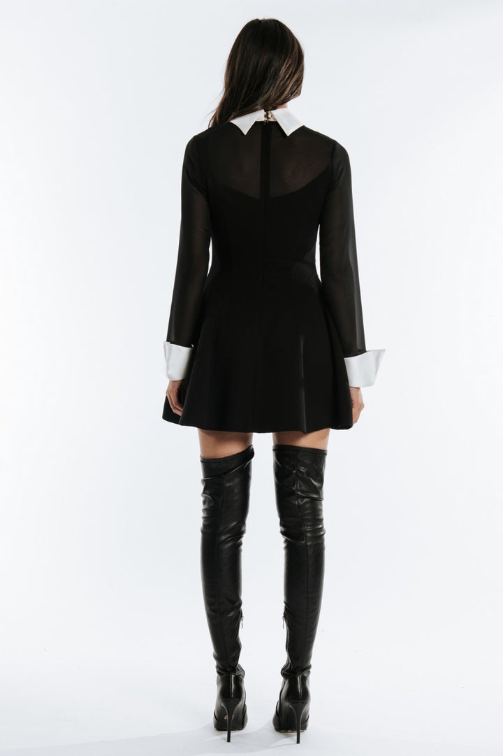 BABYLON - ABITO MINI BIANCO E NERO SEMI-TRASPARENTE CON GONNA SVASATA
