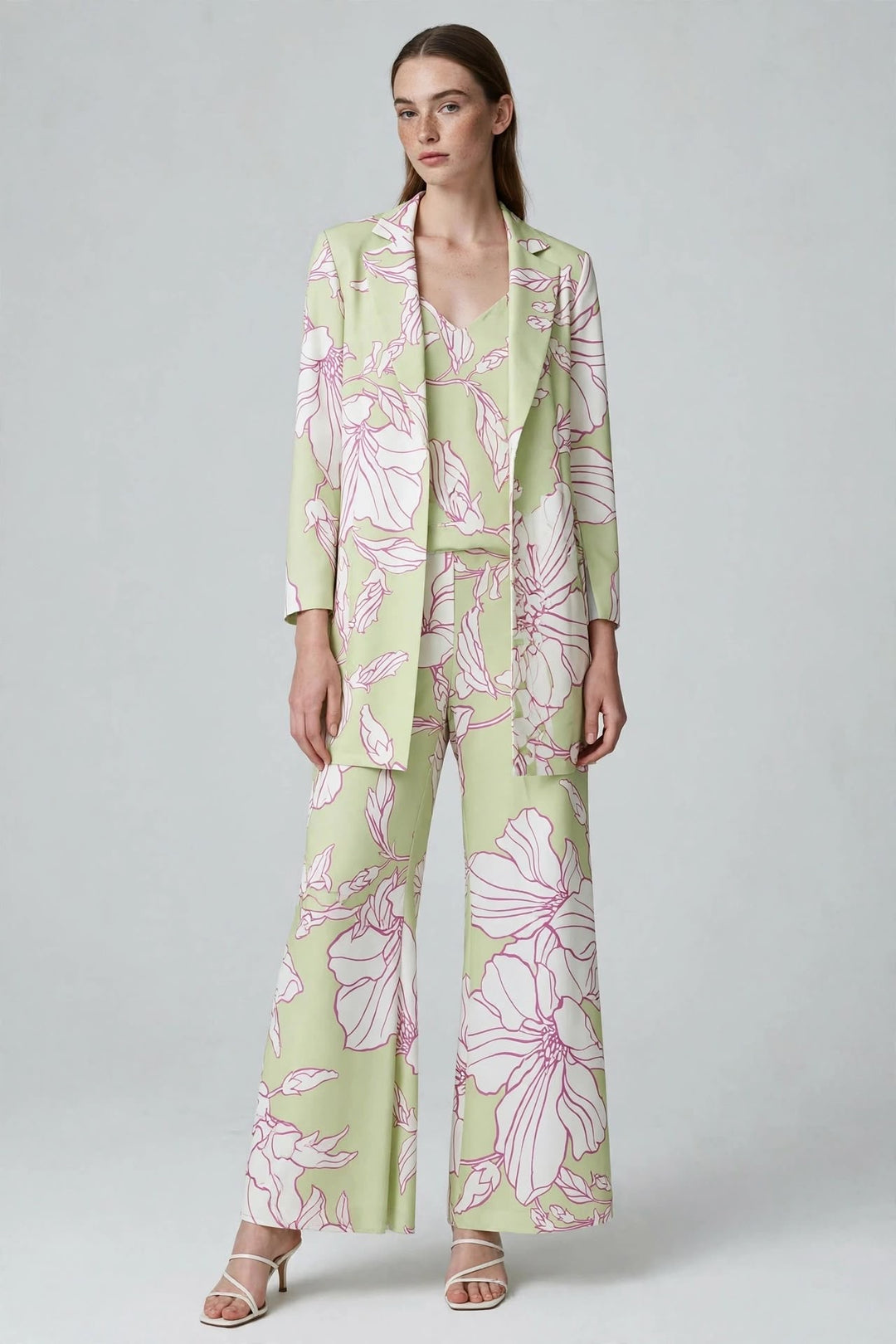 GIULIA VALLI - PANTALONI WIDE-LEG VERDE MENTA A STAMPA MAGNOLIA