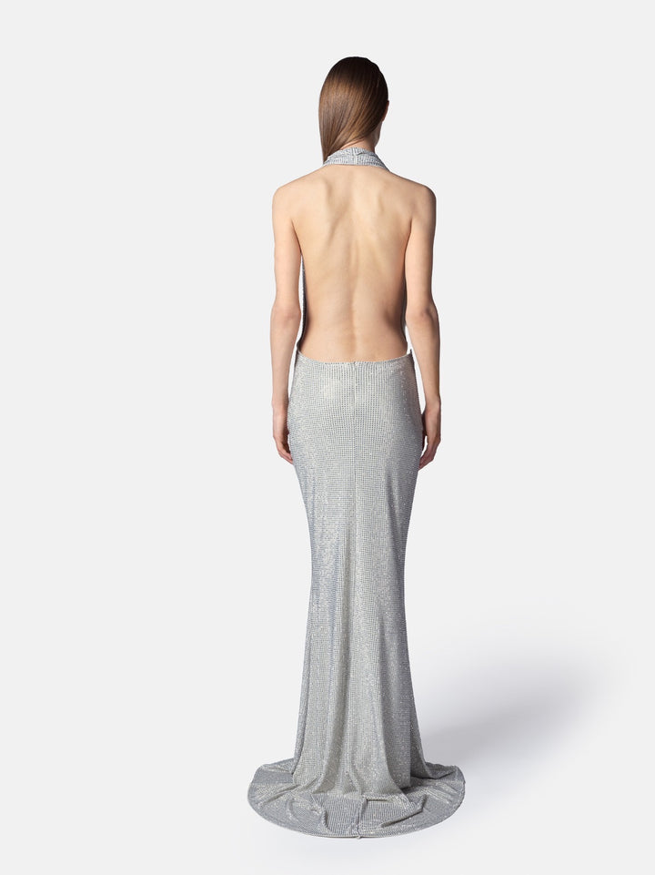 TWENTYFOURHAITCH - ABITO LUNGO IN MATERIALE JERSEY ARGENTO, LINEA SIRENA, SCOLLO COLLANA SUL DAVANTI DRAPPEGGIATO, SCOLLO DIETRO PROFONDO