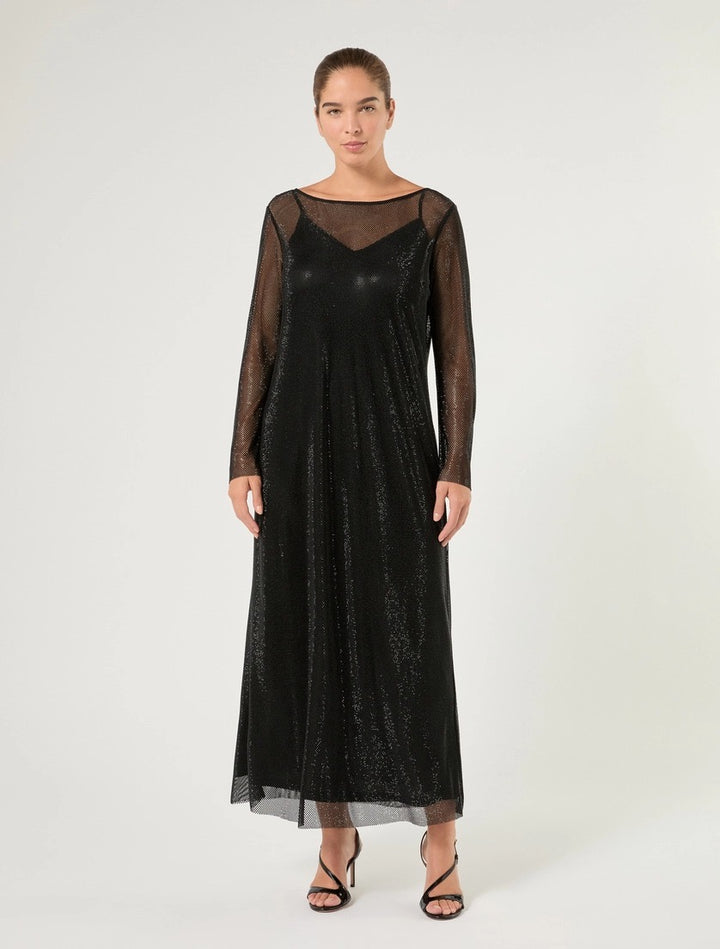 MARINA RINALDI - ABITO LUNGO IN MICRO RETE CON STRASS, DALLA LINEA DRITTA
