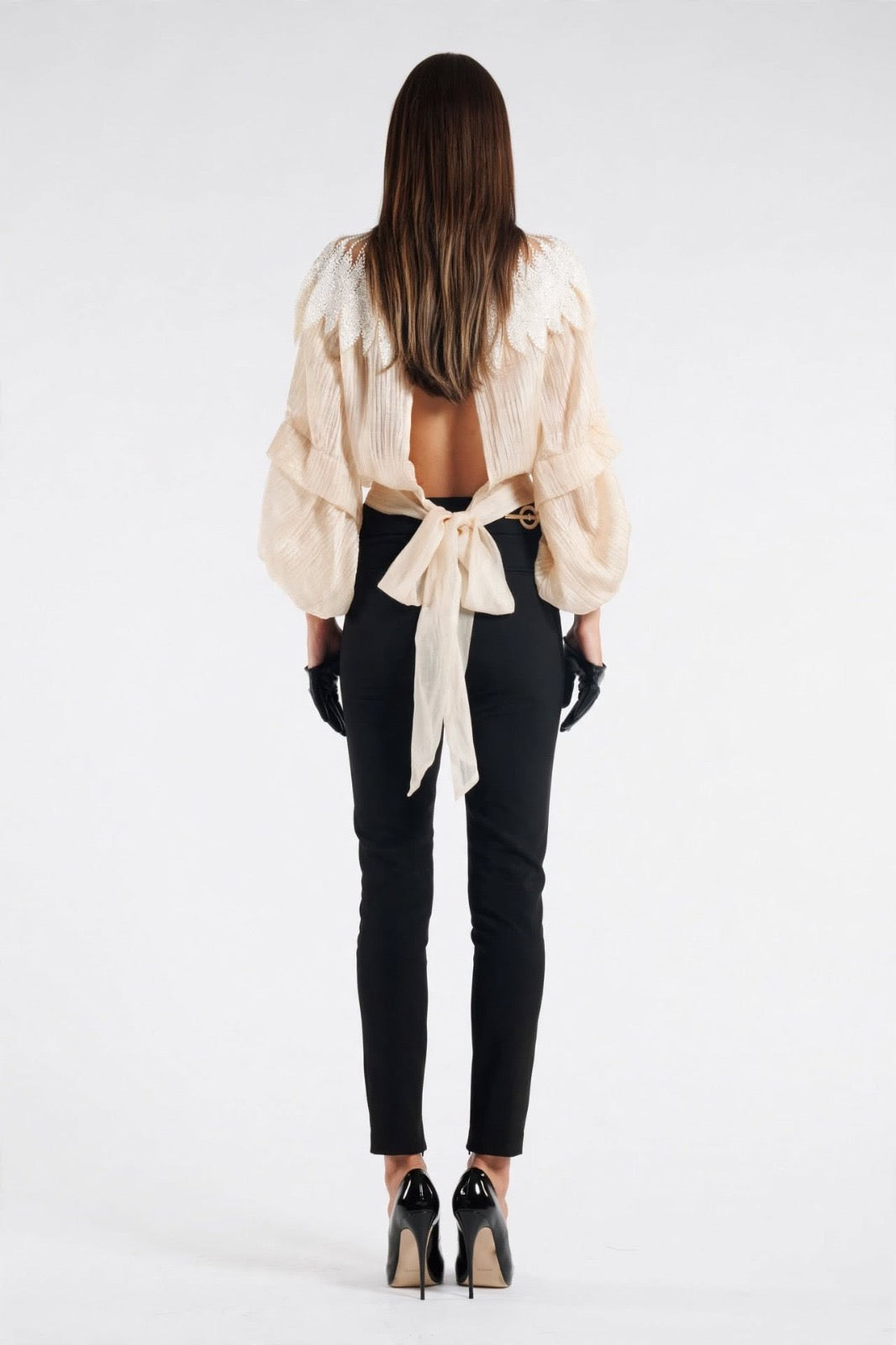 BABYLON - BLUSA IN ORGANZA CON FRANGE E SCHIENA APERTA