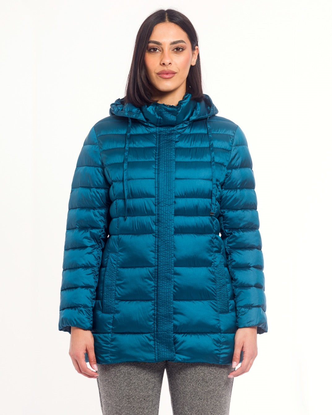 Giaccone color ottanio con cappuccio e zip a scomparsa