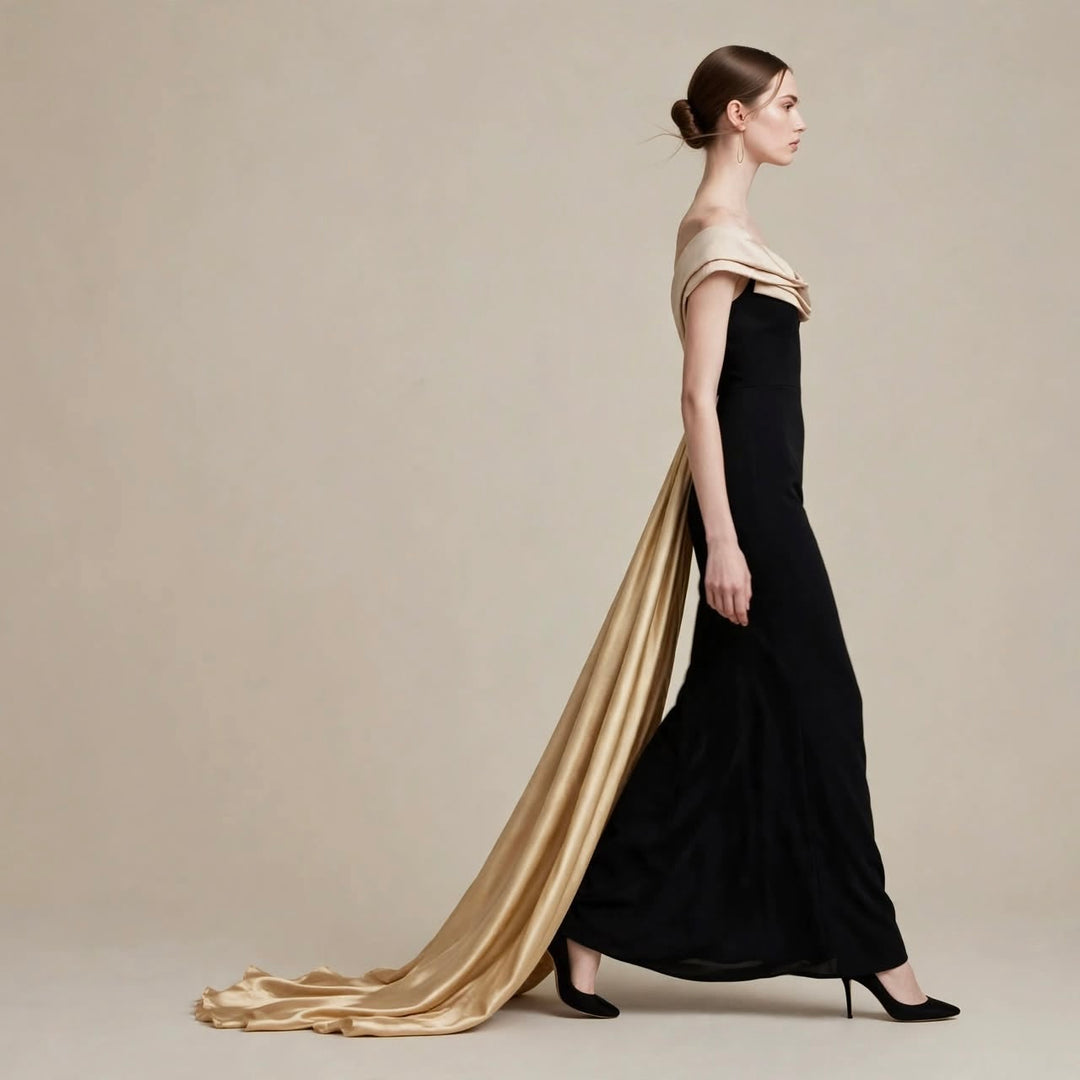 VIVIEN LUXURY - ABITO LUNGO NERO A SIRENA CON COLLO A CASCATA OFF-SHOULDER IN RASO CHAMPAGNE E MAXI STRASCICO