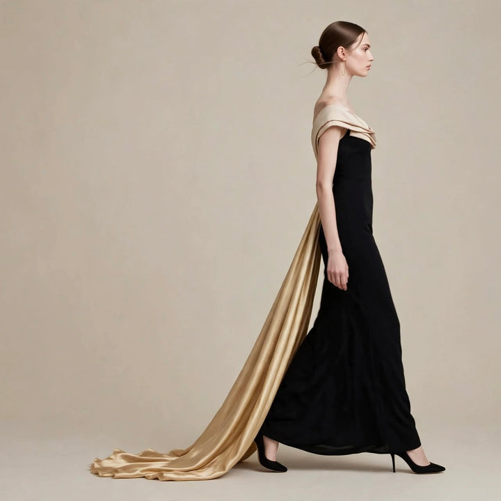 VIVIEN LUXURY - ABITO LUNGO NERO A SIRENA CON COLLO A CASCATA OFF-SHOULDER IN RASO CHAMPAGNE E MAXI STRASCICO