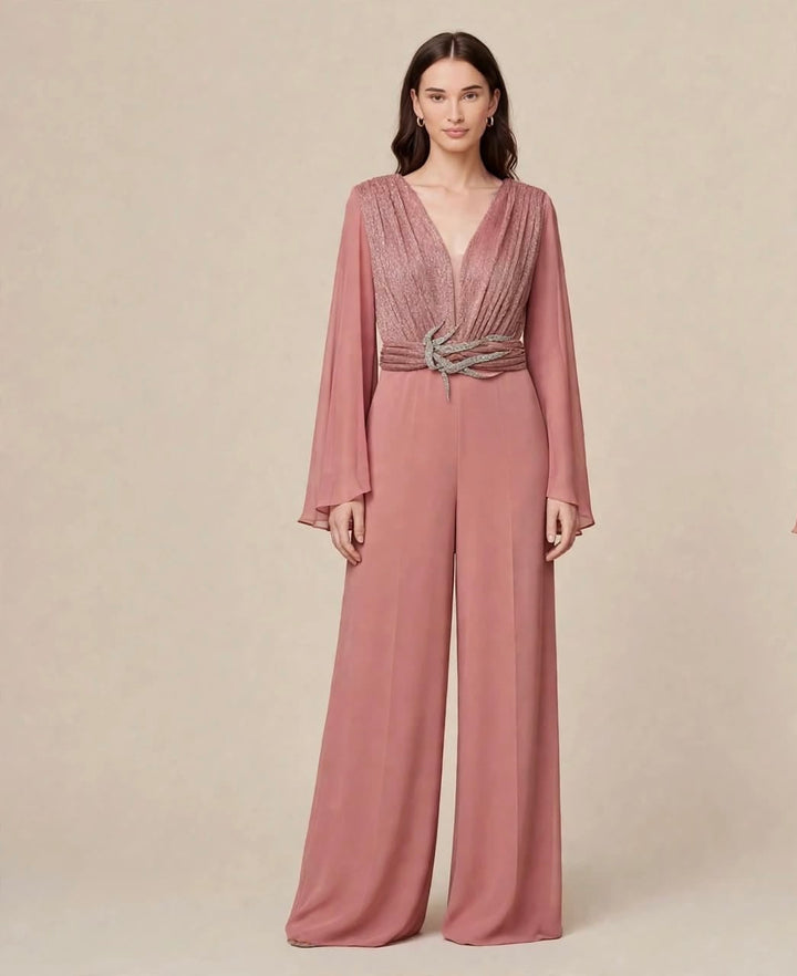 ANTONIO NOTARO - TUTA JUMPSUIT CON CORPINO DRAPPEGGIATO A V CON FILI GLITTER, CINTURA GIOIELLO E MANICHE A KIMONO