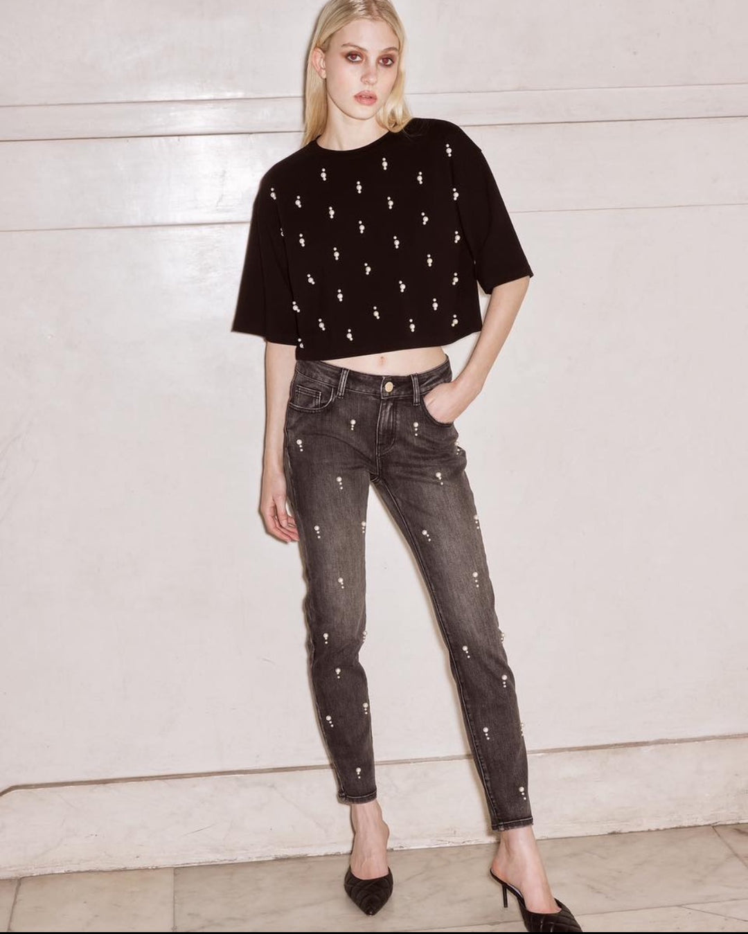 TRASH AND LUXURY - JEANS DECORATO DA PERLINE