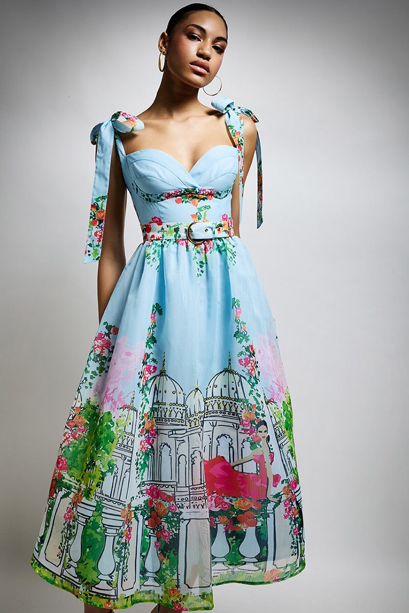 Abito Midi Celeste con Stampa Architettura e Fiori
