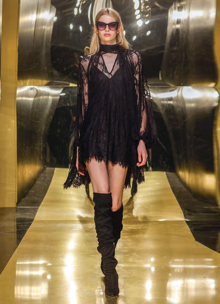 BABYLON - MINI ABITO IN PIZZO CON MANICHE AMPIE E DETTAGLI SEE-THROUGH