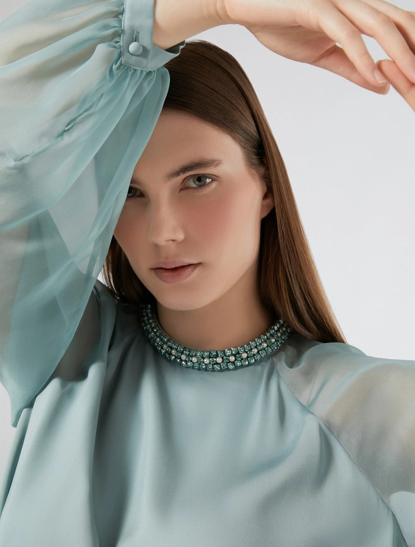 BLUSA IN CADY E CHIFFON - VERDE PASTELLO