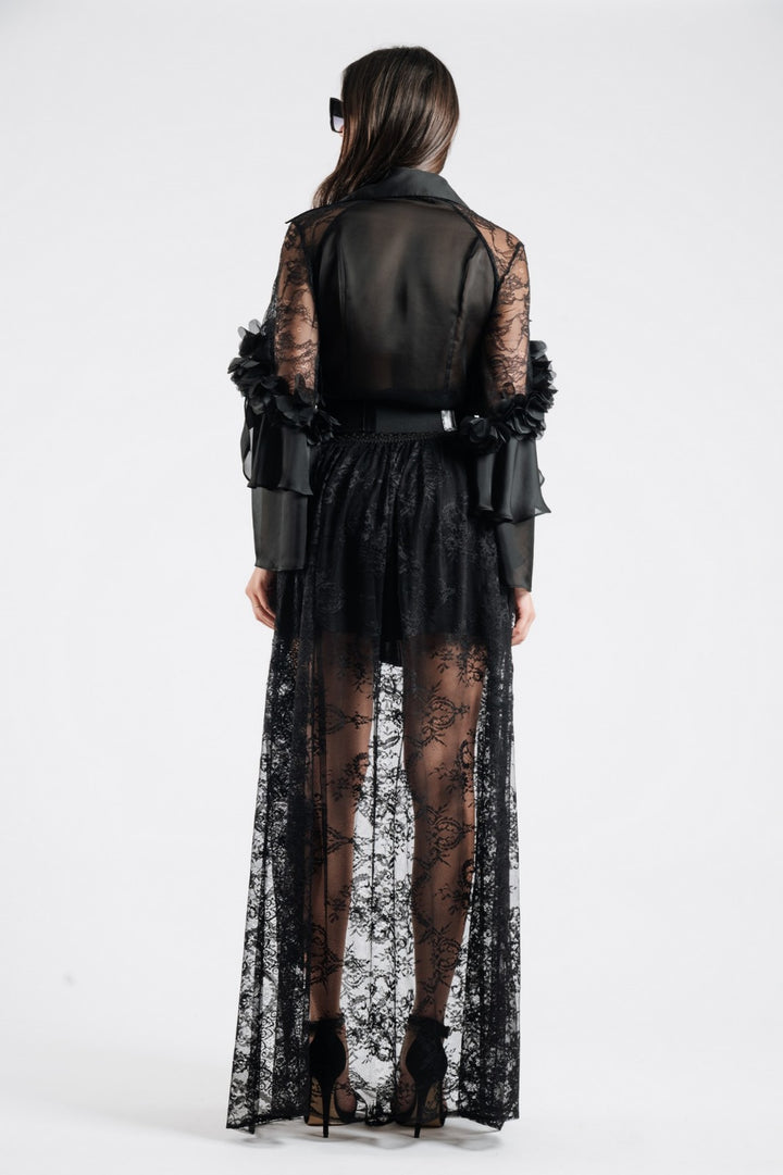 BABYLON - CAMICIA IN RASO CON MANICHE LUNGHE, ROUCHES, PIZZO E BOTTONI METALLICI DORATI