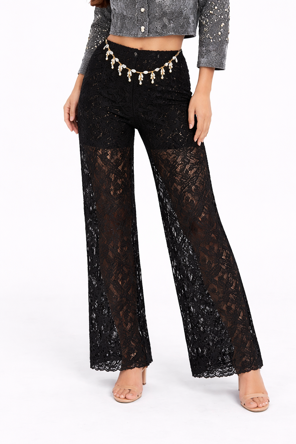 TRASH AND LUXURY - PANTALONI NERI IN PIZZO A ZAMPA