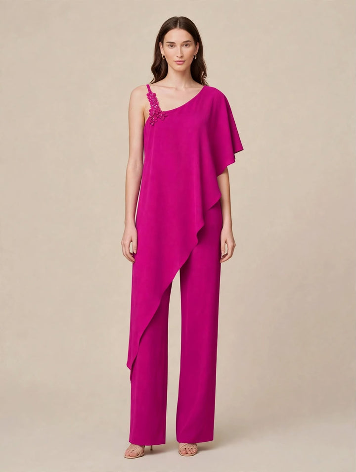 ALLURE - COMPLETO FUCSIA MONOSPALLA IN CRÊPE CON APPLICAZIONE FLOREALE