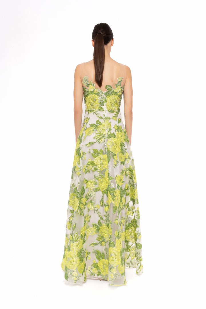 CARLA RUIZ - ABITO LUNGO ELEGANTE IN ORGANZA RICAMATA CON FIORI VERDE E GIALLO