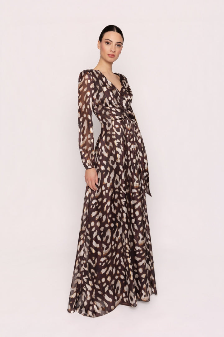 CARLA RUIZ - ABITO LUNGO A PORTAFOGLIO IN CHIFFON CON STAMPA ANIMALIER SFUMATA