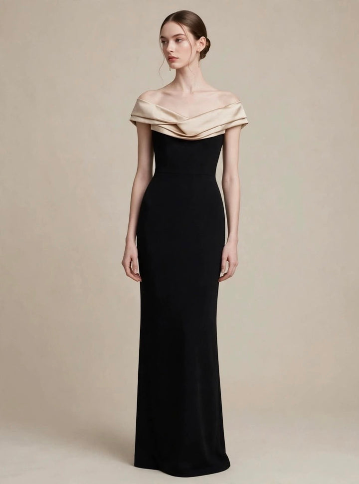 VIVIEN LUXURY - ABITO LUNGO NERO A SIRENA CON COLLO A CASCATA OFF-SHOULDER IN RASO CHAMPAGNE E MAXI STRASCICO