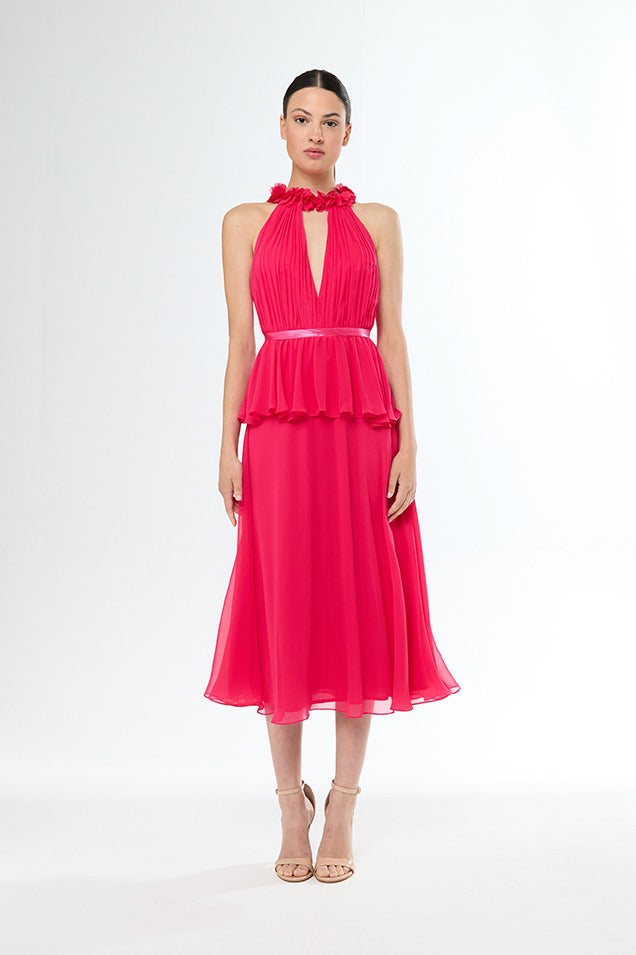 CARLA RUIZ - ABITO MIDI IN GEORGETTE GIRO ALL’AMERICANA CON DELICATI FIORI IN TESSUTO APPLICATI INTORNO AL COLLO